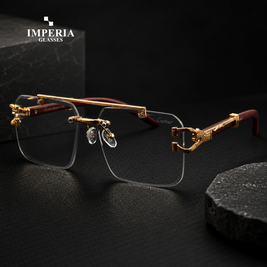 Gold Solar Cheetah photochromic rimless glasses with wooden temples in Pakistan