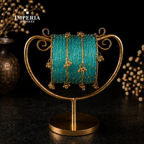 Kashmiri Glass Bangles with Gold Beads & Ghungroo | 9 Colors | Bridal Set