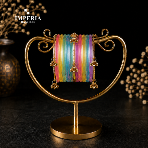Jelly Glass Bangles with Gold Ghungroo | 9 Colors | Women's Traditional Set