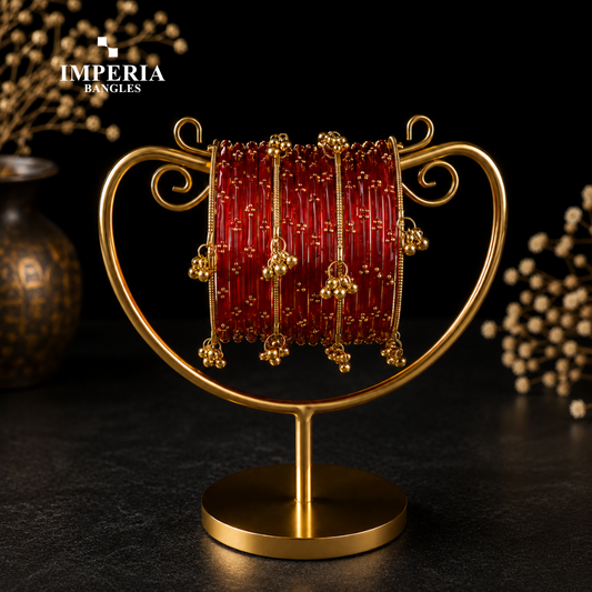 Kashmiri Glass Bangles with Gold Beads & Ghungroo | 9 Colors | Bridal Set