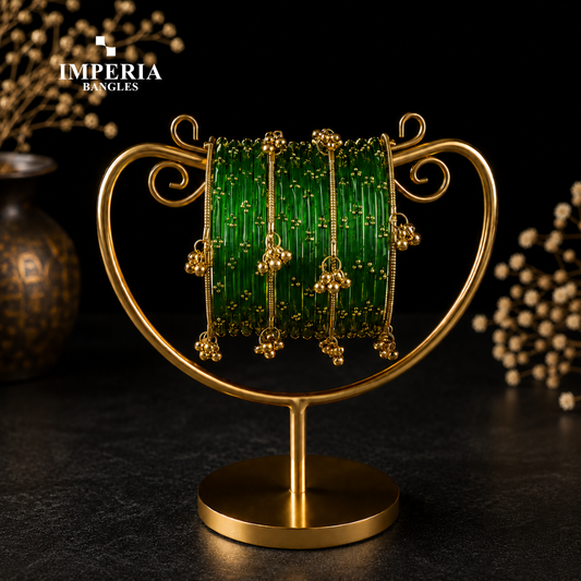 Kashmiri Glass Bangles with Gold Beads & Ghungroo | 9 Colors | Bridal Set