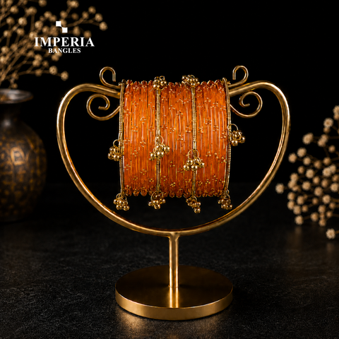 Kashmiri Glass Bangles with Gold Beads & Ghungroo | 9 Colors | Bridal Set
