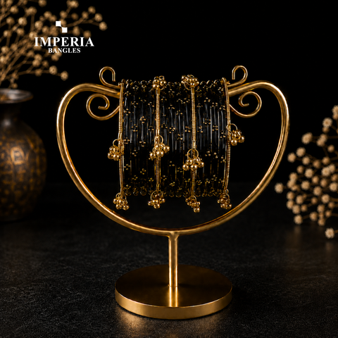 Kashmiri Glass Bangles with Gold Beads & Ghungroo | 9 Colors | Bridal Set