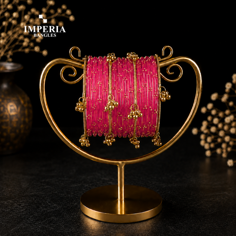 Kashmiri Glass Bangles with Gold Beads & Ghungroo | 9 Colors | Bridal Set