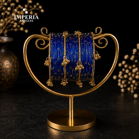 Kashmiri Glass Bangles with Gold Beads & Ghungroo | 9 Colors | Bridal Set