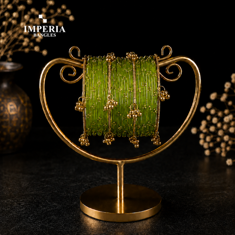 Kashmiri Glass Bangles with Gold Beads & Ghungroo | 9 Colors | Bridal Set
