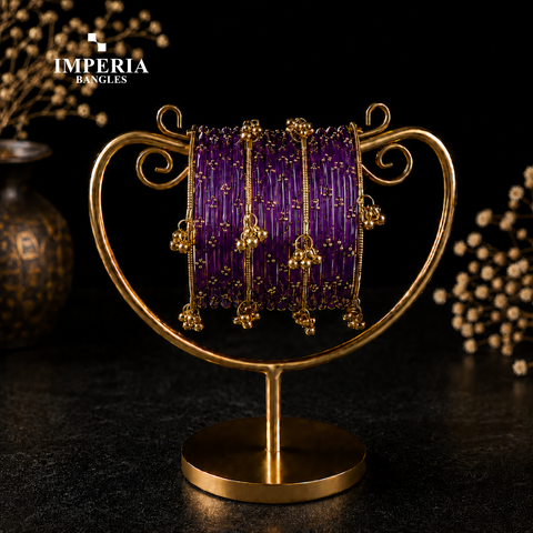 Kashmiri Glass Bangles with Gold Beads & Ghungroo | 9 Colors | Bridal Set