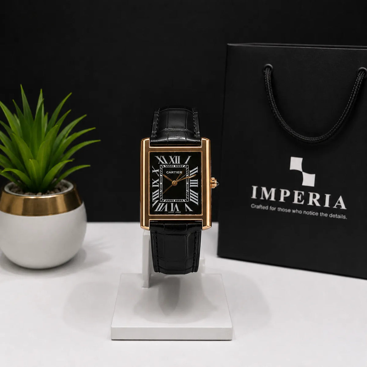 Cartier Tank-Style Old Money Watch - Luxury Elegant Timepiece with Sapphire Crystal & Leather Strap | Pakistan