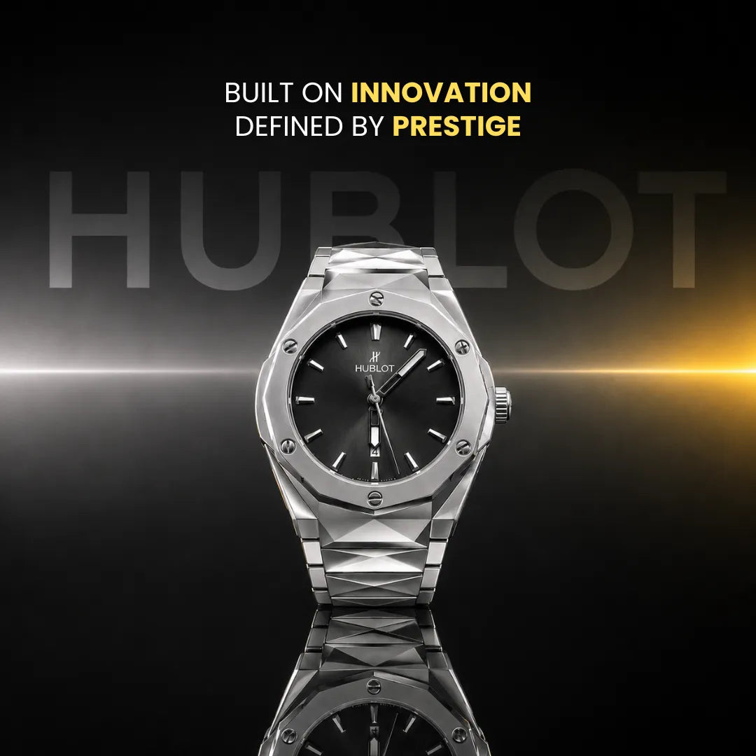 A Hublot watch with a silver-toned metal bracelet and octagonal bezel, centered on a dark reflective background with the Hublot wordmark and the text 'BUILT ON INNOVATION DEFINED BY PRESTIGE' above it.