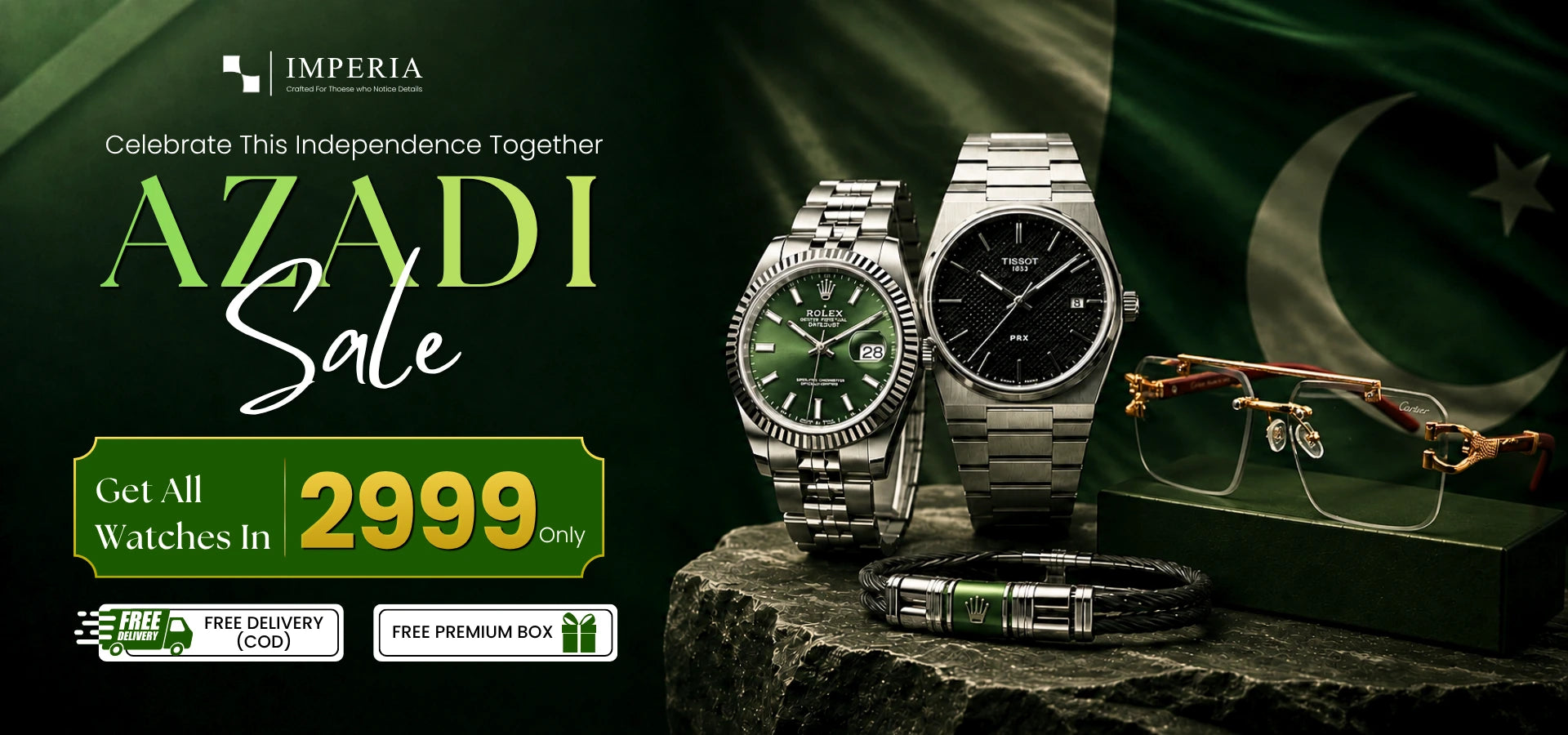 Imperia Independence Day Sale in Pakistan featuring premium watches at Rs. 2999, with free delivery and stylish luxury watches