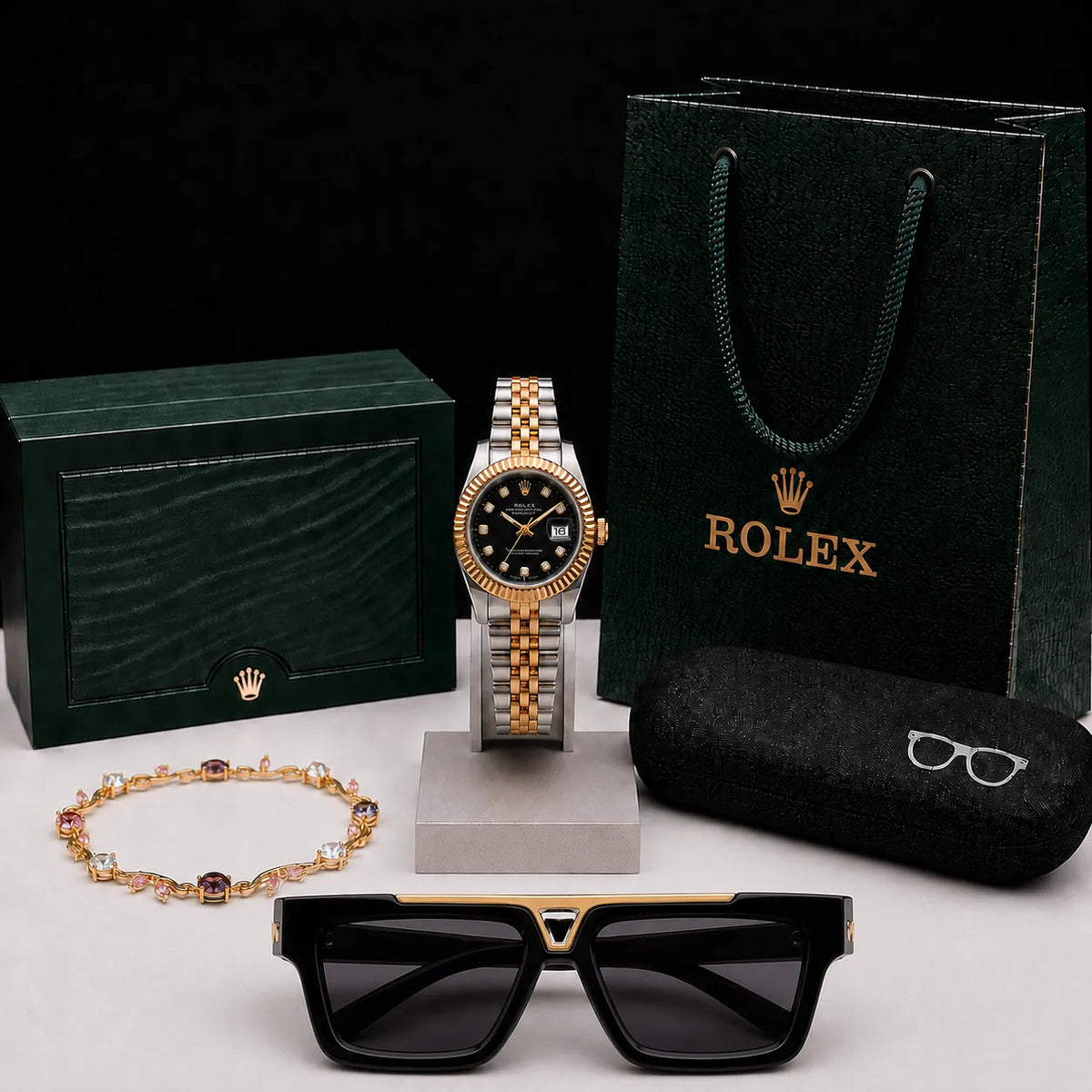 Rolex Women's Luxury Bundle - Datejust Two-Tone Watch, LV Sunglasses & Tulip Bracelet | Pakistan